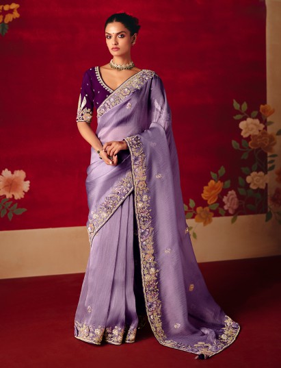 Lavender purple tissue organza embroidered work saree