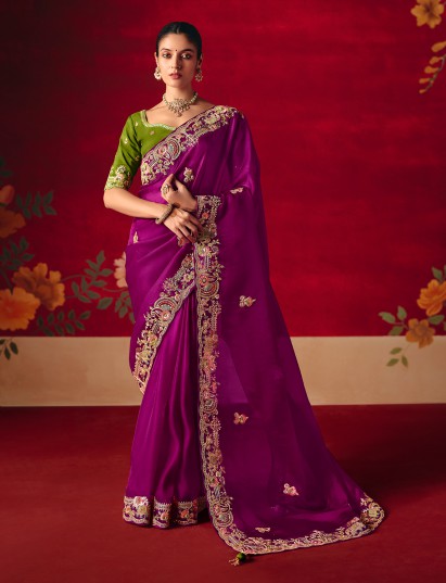 Purple tissue organza embroidered traditional saree