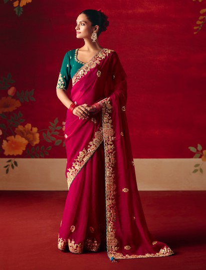 Deep magenta tissue organza embroidered wedding saree