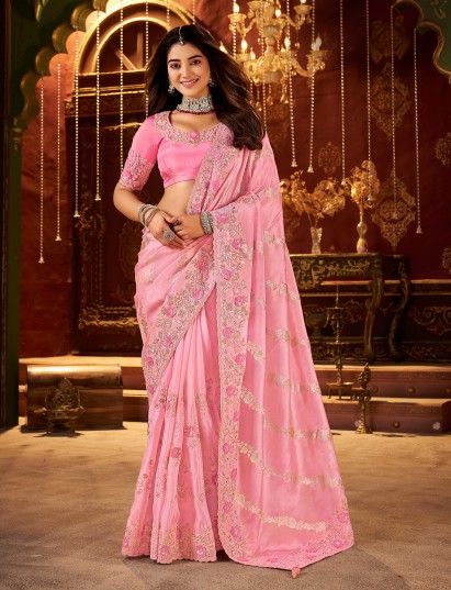 Baby pink soft silk embroidered festive saree