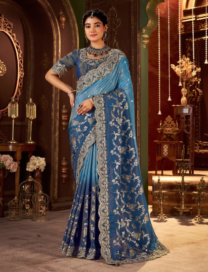 Blue shaded soft silk mirror work saree