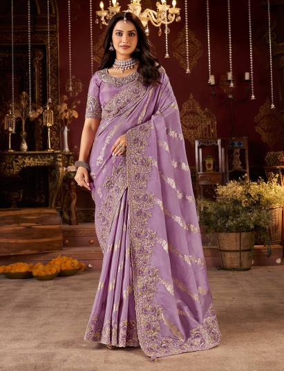 Lavender purple soft silk embroidered saree