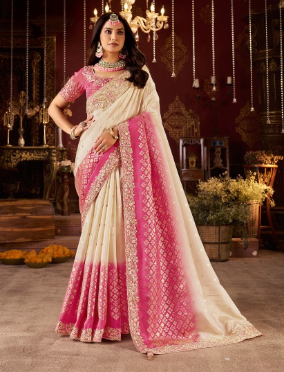 Shaded pink cream soft silk saree