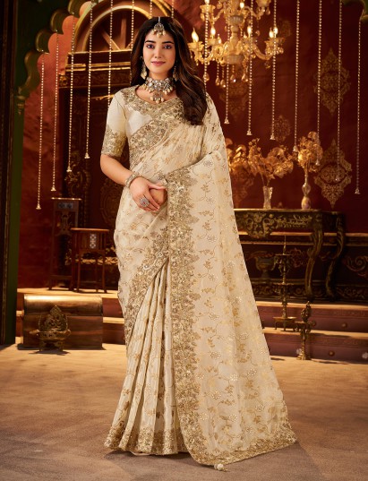 Cream shaded soft silk mirror work saree
