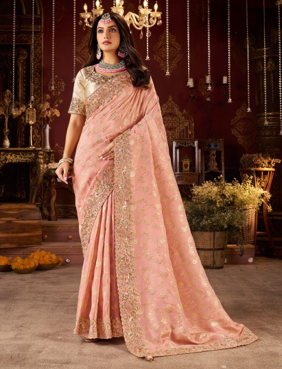Peach soft silk festive saree with contrast blouse