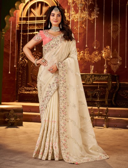 Cream soft silk embroidered saree for contrast blouse