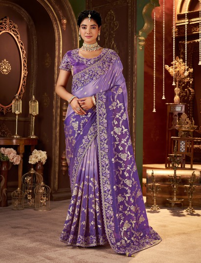 Shaded purple soft silk zardosi work saree
