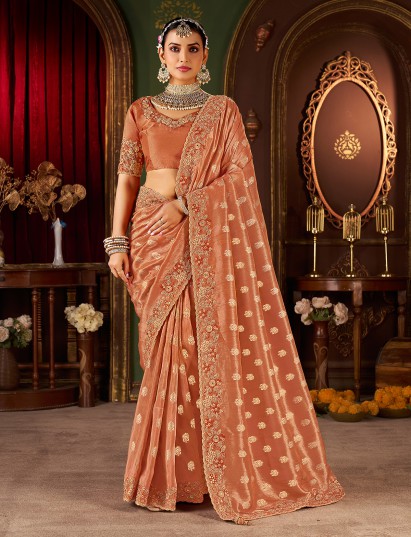 Peach soft silk embroidered work saree