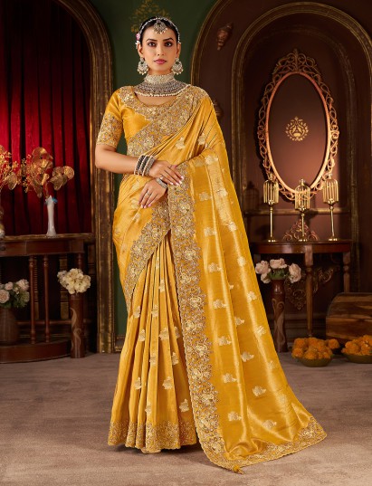 Mustard yellow soft silk embroidered work saree