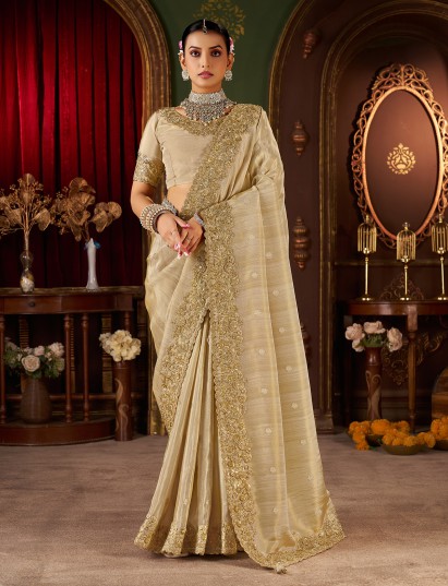 Beige soft silk mirror and zardosi work saree