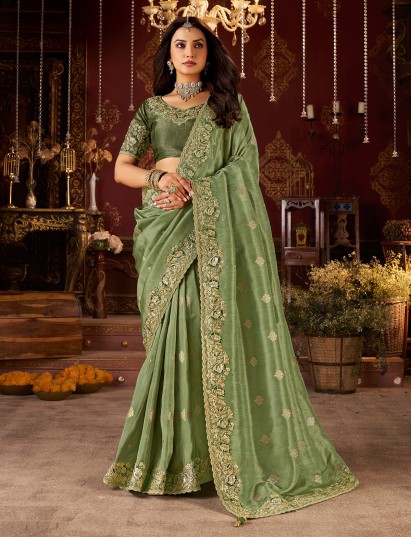 Pista green soft silk mirror work saree