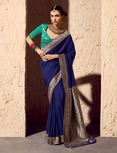 Navy crepe georgette zari saree with contrast blouse
