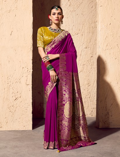 Purple crepe georgette zari saree with contrast blouse