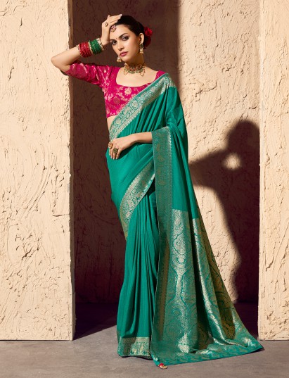 Aqua blue crepe georgette zari contrast saree