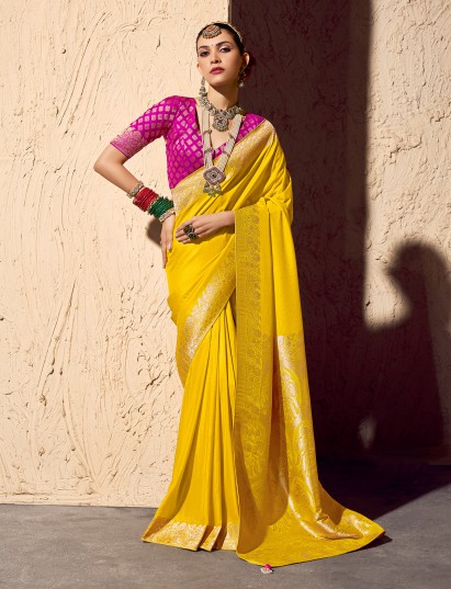 Mustard yellow crepe georgette zari saree