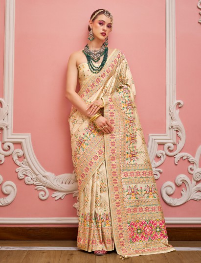 Cream meenakari printed banarasi silk saree