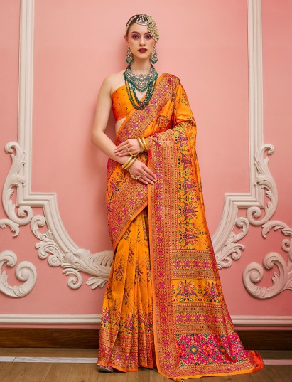 Yellow meenakari printed saree in banarasi silk