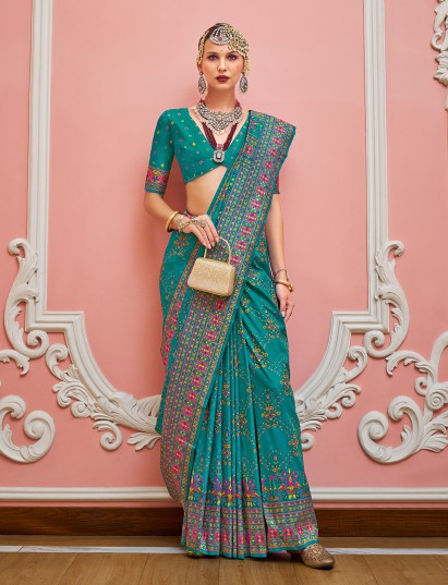 Rama green printed banarasi silk saree