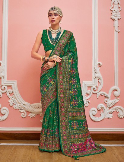 Green meenakari printed banarasi silk saree