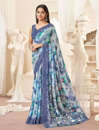 Elegant blue floral shaded georgette saree