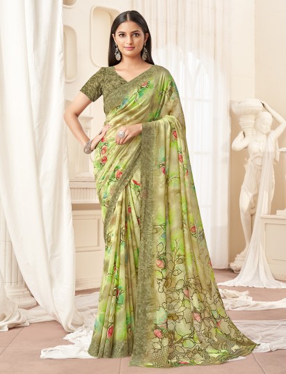 Fresh green floral shaded georgette saree