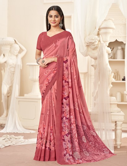 Charming peach floral shaded georgette saree