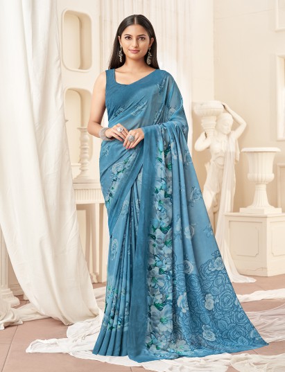 Classic blue floral shaded georgette saree
