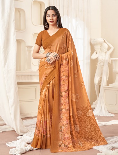 Rich rust orange floral shaded georgette saree