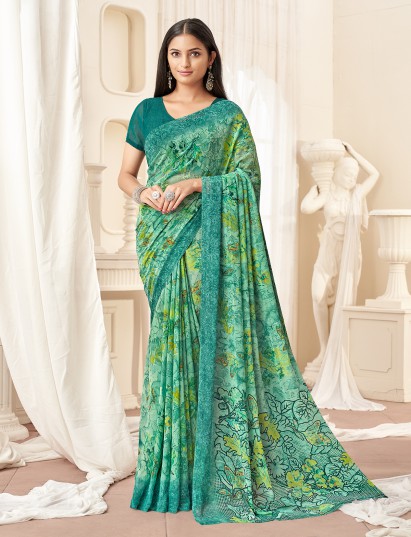 Elegant teal green floral shaded georgette saree