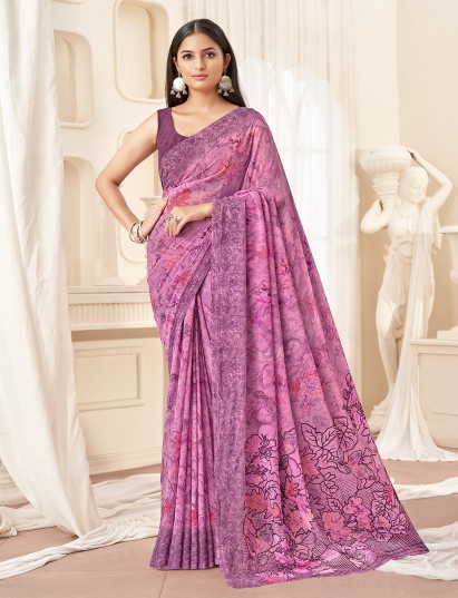 Purple floral shaded georgette saree with print