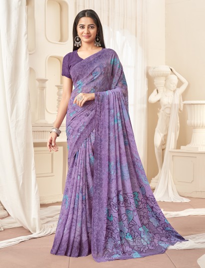 Purple pastel floral georgette saree