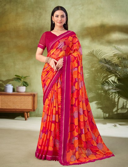 Pink geometric printed georgette saree