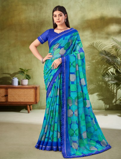 Blue geometric printed georgette saree