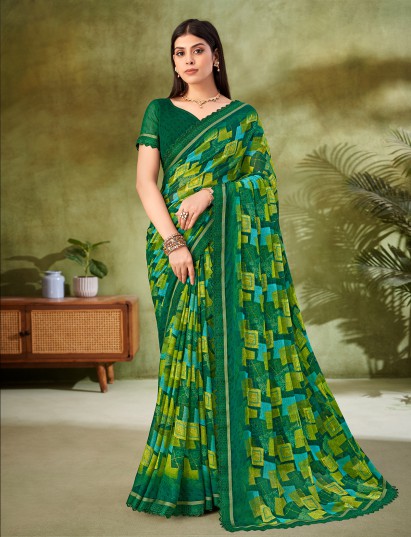 Green geometric printed georgette saree