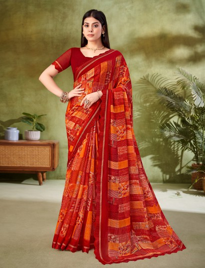 Red geometric printed georgette saree