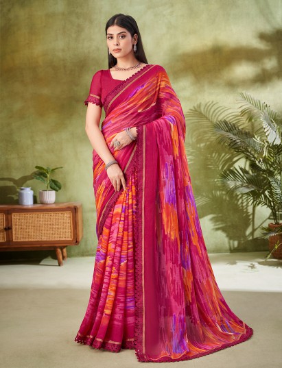 Pink elegant geometric georgette saree