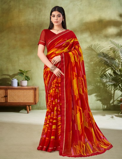 Red classic geometric georgette saree