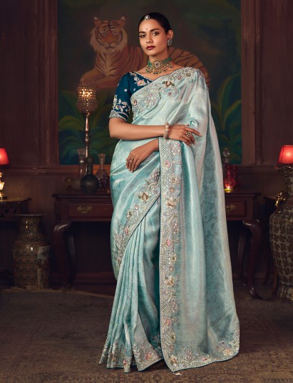 Mint blue silk embroidered work wedding wear saree