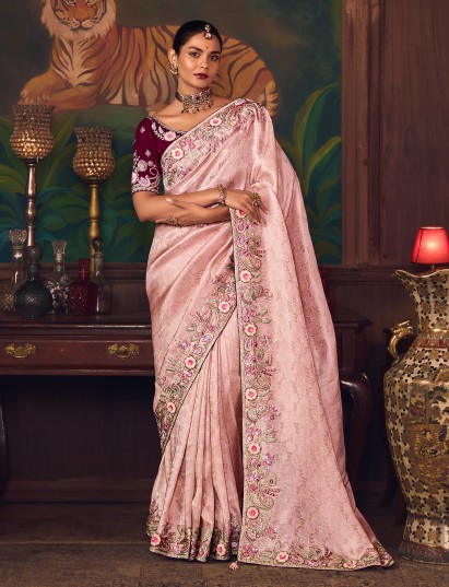 Light pink silk embroidered elegant saree