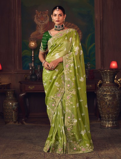 Mehendi green silk embroidered wedding wear saree
