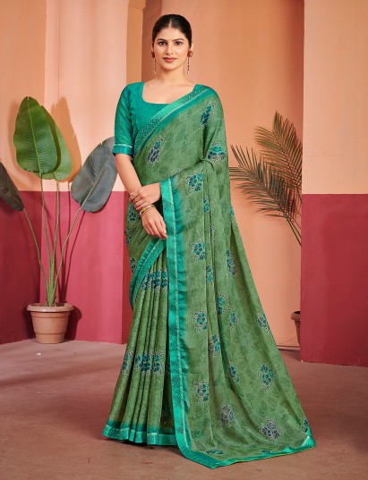 Green shaded floral lace georgette saree