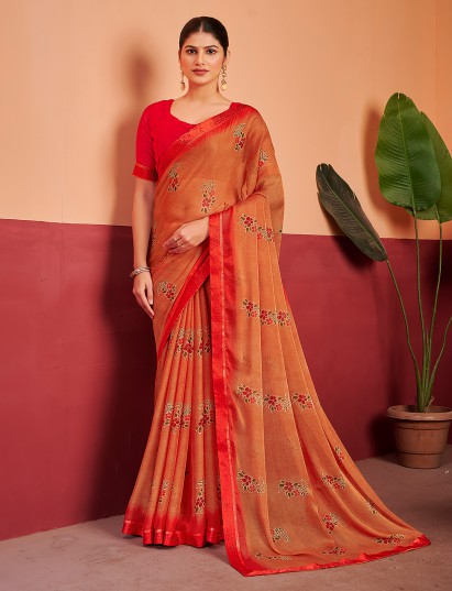 Classic brown floral shaded georgette saree