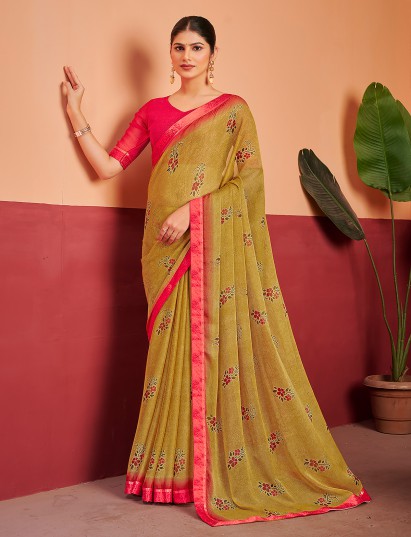 Mehendi yellow shaded floral saree