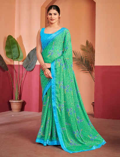 Green shaded floral casual georgette saree