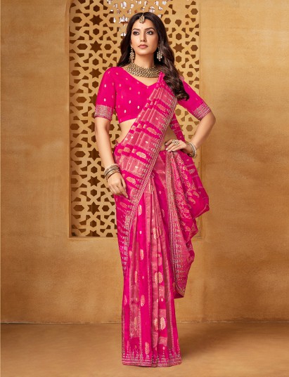 Rani pink viscose stone work festive saree