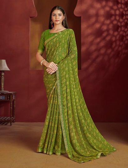 Green printed zari border chiffon saree
