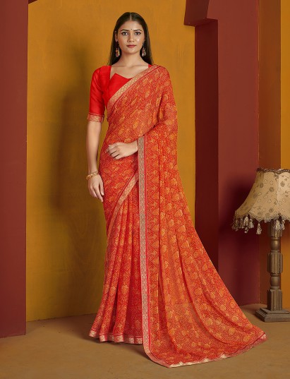 Red festive printed chiffon lace saree