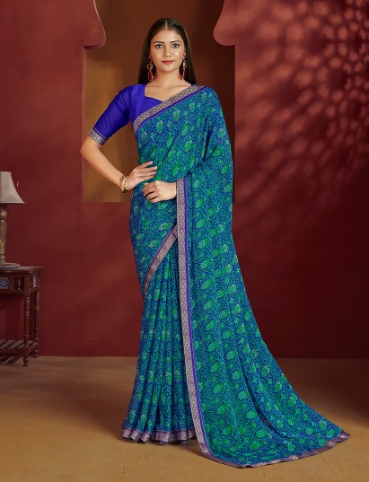 Blue printed zari lace chiffon saree