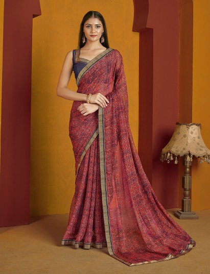 Maroon printed zari border chiffon saree
