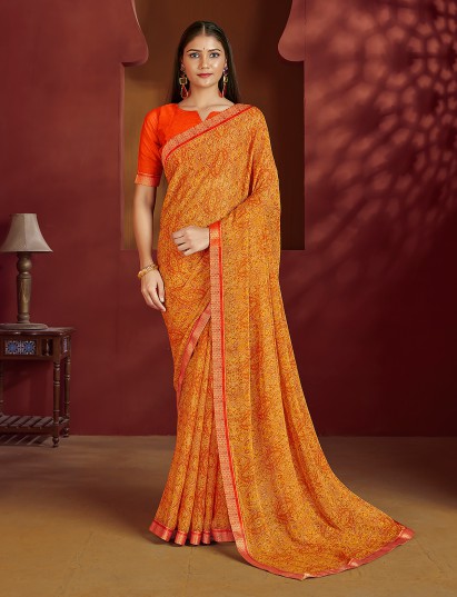 Mehendi yellow festive chiffon lace saree